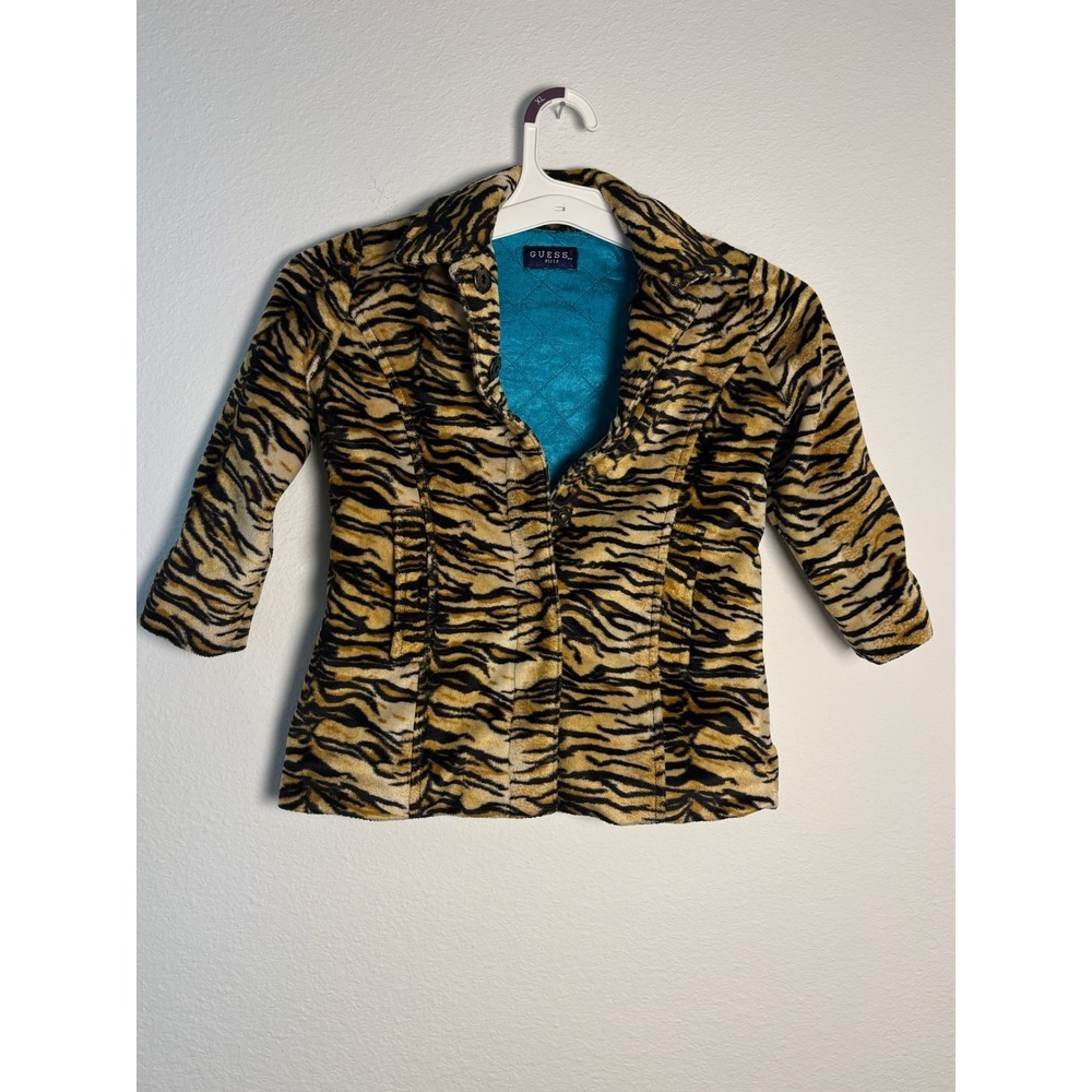 Guess Girls Tiger Print Faux Fur Jacket Turquoise Quilted Lining Size‎ 4 Animal